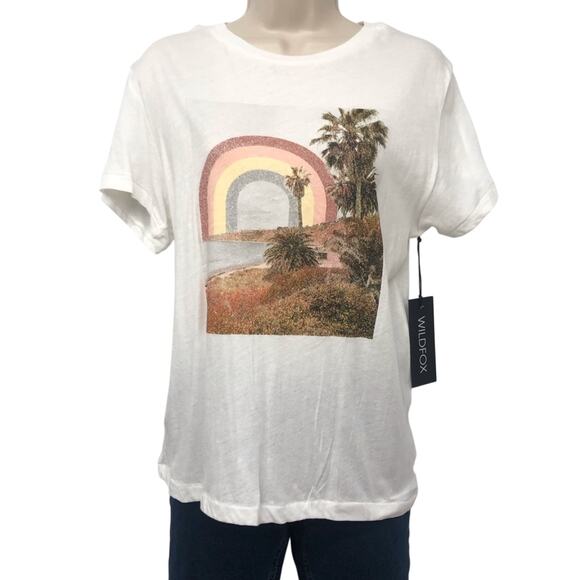 NWT Wildfox White Rainbow Coast KeKe T Shirt Graphic Print Relaxed Fit Baby Soft - Picture 2 of 16